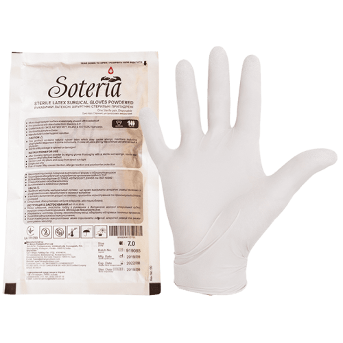 Рукавички хірургічні латексні стерильні припудрені, Soteria® (розмір 9,0)